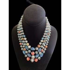 Vintage 4 Strand Blue Faux Pearl Glass Bead Necklace Japan Mid Century Statement
